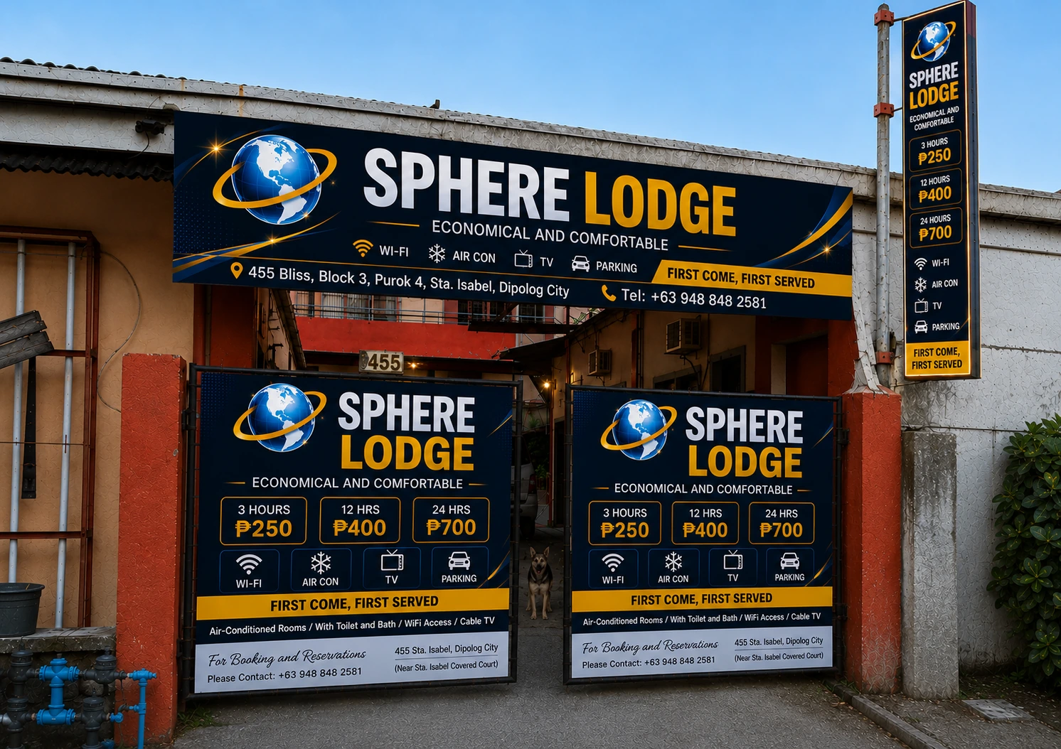Sphere Lodge entrance with the new navy and gold signage design